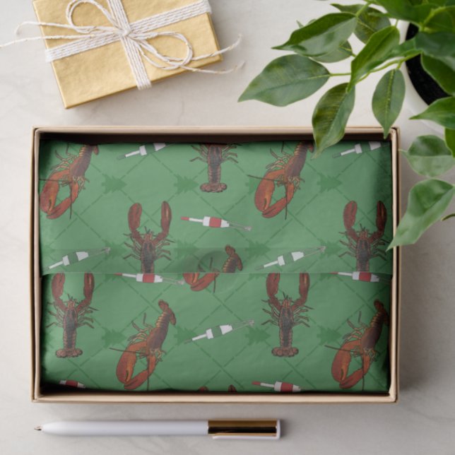 Lobsters and Fishing Buoys on Green Christmas Tissue Paper (Gift)