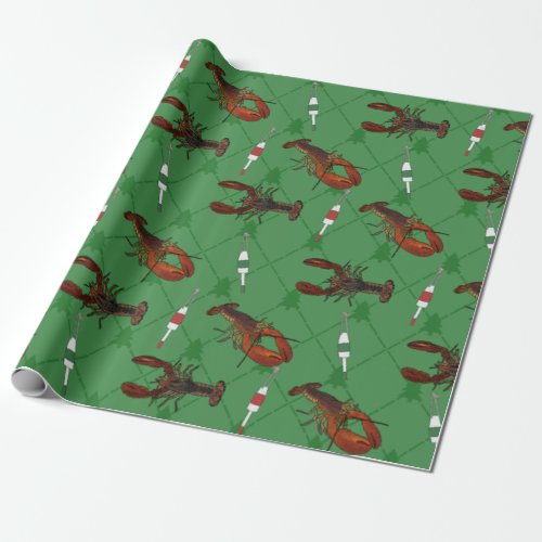 Lobsters and Fishing Buoys on Green Christmas Wrapping Paper