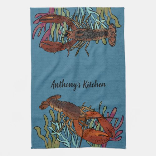 Lobsters in the Blue Sea Personalized  Kitchen Towel