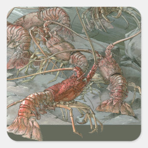 Lobsters in the Ocean, Vintage Art Nouveau Square Sticker