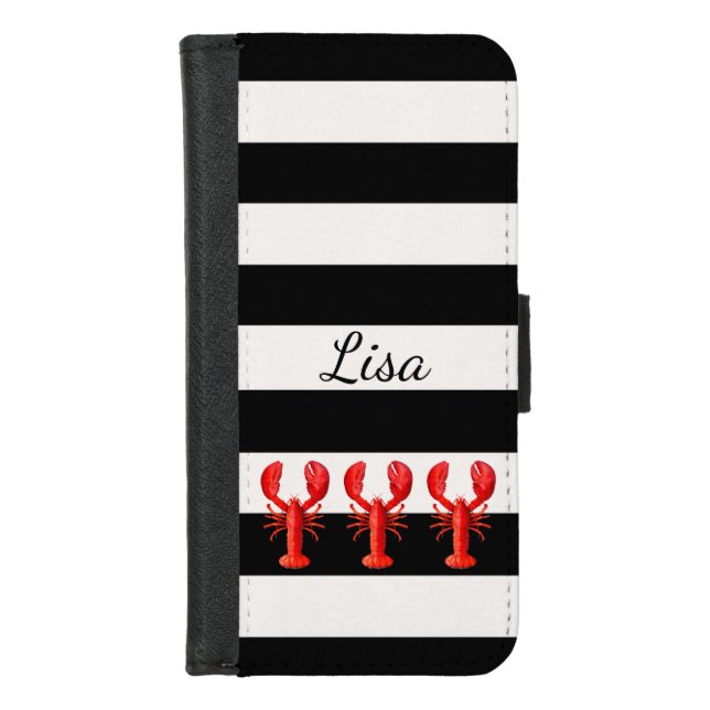 Lobsters on black and white nautical stripes iPhone wallet case (Front)