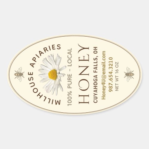 Local Hand Bottled Honey Daisy and Bees Ivory  Oval Sticker