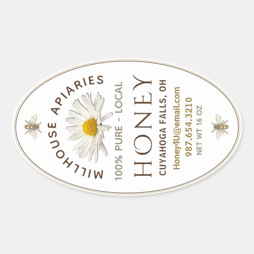 Local Hand Bottled Honey Daisy and Bees White Oval Sticker