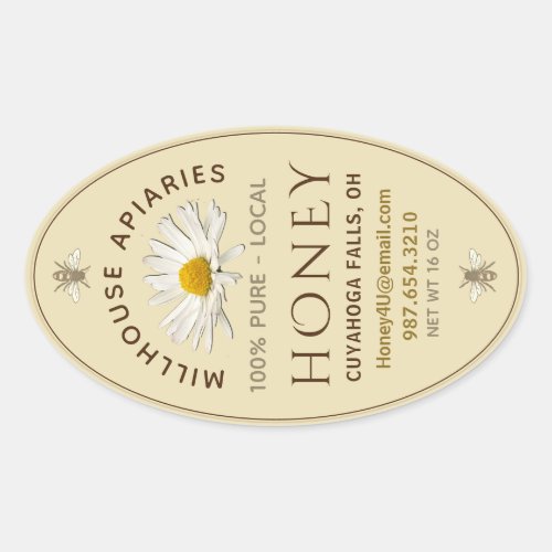 Local Hand Bottled Honey Daisy and Bees Yellow Oval Sticker