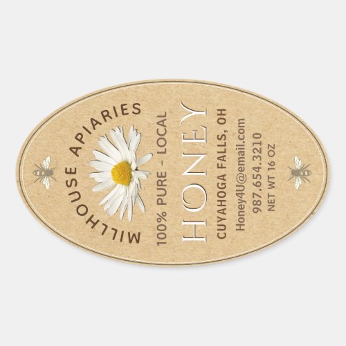 Local Hand Bottled Honey with Daisy and Bees Kraft Oval Sticker
