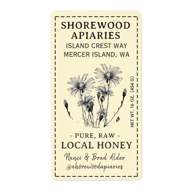 Local Honey 2 x 3.75" Aster Yellow Dashed Border Label (Front)