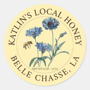 Local Honey Label Blue Aster Flower and Honeybee 