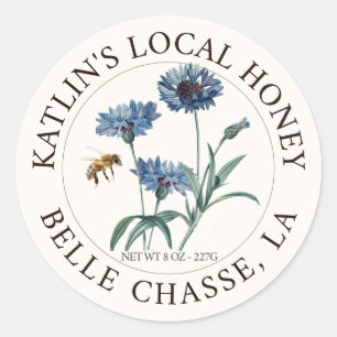 Local Honey Label Blue Aster Flower and Honeybee
