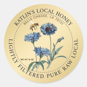 Local Honey Label Blue Aster Flower Honeybee Gold