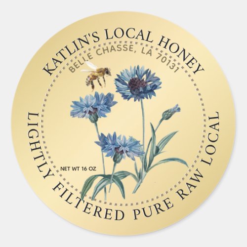 Local Honey Label with Blue Aster and Bee on Gold