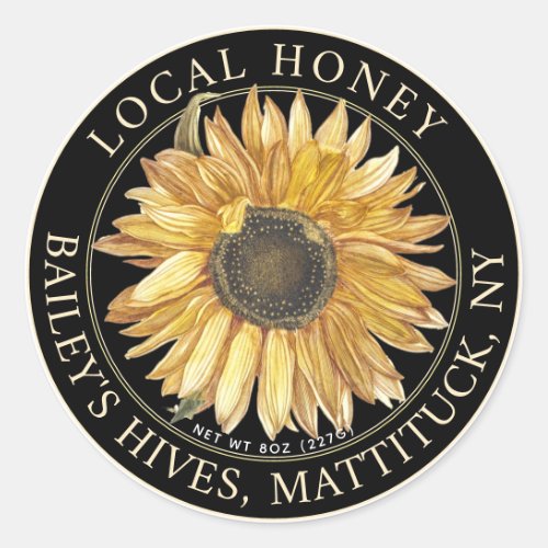 Local Honey Label with Vintage Sunflower on Black 