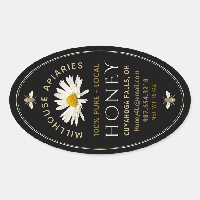 Local Honey with Daisy and Bees Black Oval Sticker (Front)