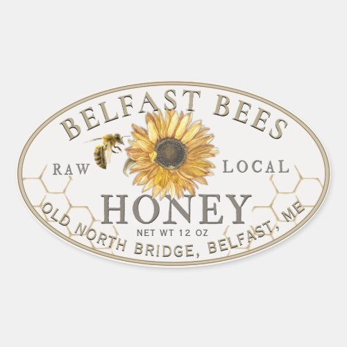Local Honey with Sunflower and Bee Oval Sticker
