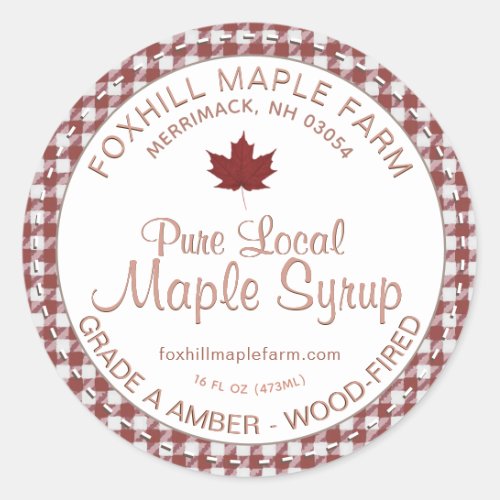 Local Maple Syrup Gingham Red Leaf Farm Rustic     Classic Round Sticker