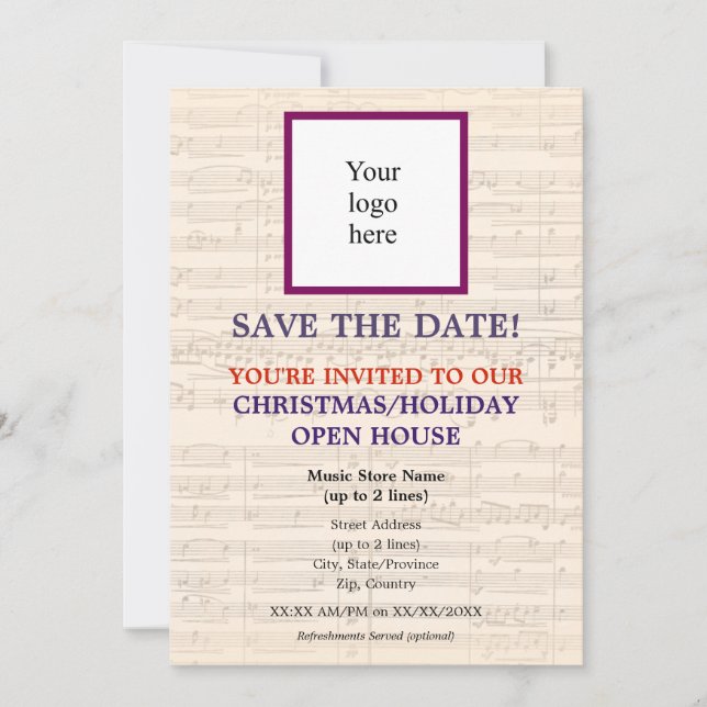 Local Music Store Logo Christmas III Open House Save The Date (Front)