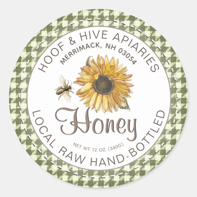 Local Raw Hand Bottled Honey Sunflower Bee Rustic Classic Round Sticker (Front)