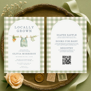 Locally Grown All in One Green Gingham Baby Shower Invitation