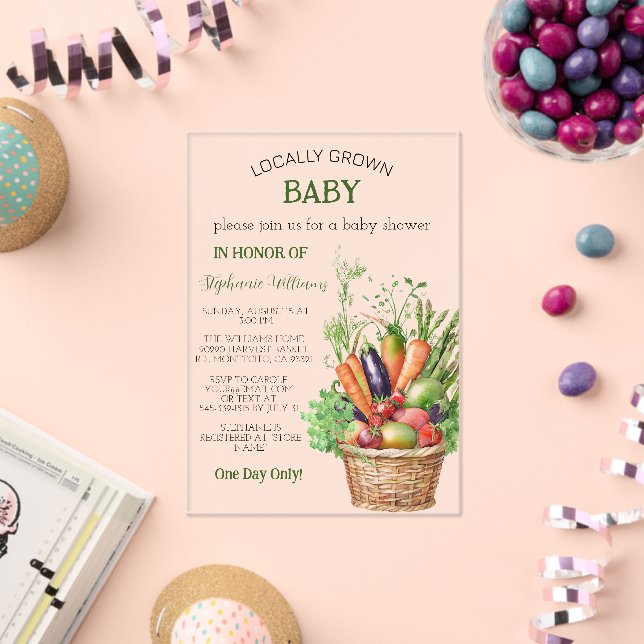 Locally Grown Baby Farmers Market Baby shower Acrylic Invitations (Insitu (Celebration))