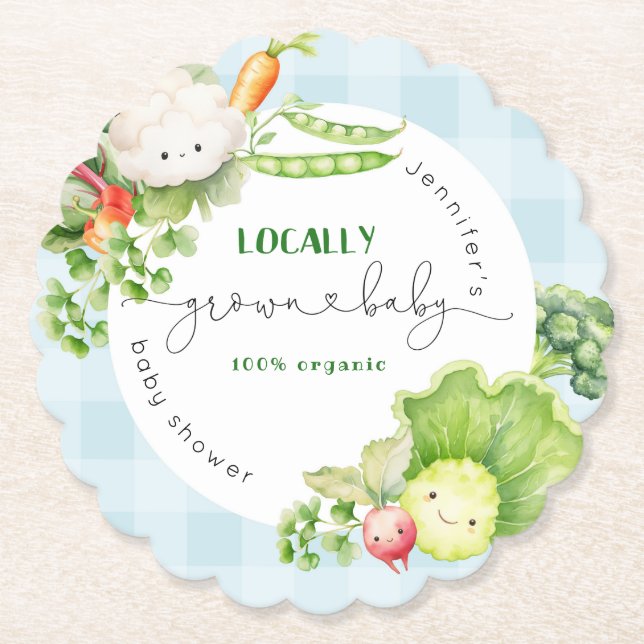 Locally grown baby Farmers market blue baby shower Paper Coaster (Front)
