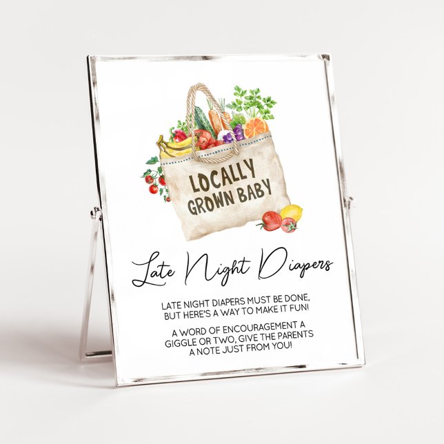 Locally Grown Baby Shower Late Night Diapers Sign (Farmers Locally Grown Baby Shower Sign)