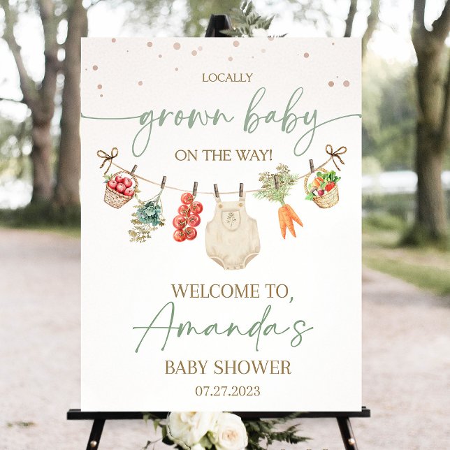 Locally grown baby shower welcome sign foam board (Locally grown baby shower setup with farmers market decorations, fresh produce, rustic wooden elemen)