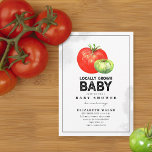 Locally Grown Baby Watercolor Baby Shower Invitati Invitation<br><div class="desc">Rustic farmer's market inspired gender neutral baby shower theme featuring a red and green tomato over white background with black text.</div>