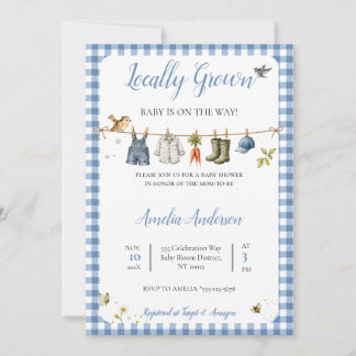 Locally Grown Blue Gingham Country Boy Baby Shower Invitation
