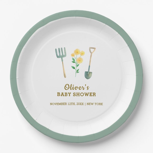 Locally Grown Boho Floral Gardening Baby Shower Paper Plates (Front)