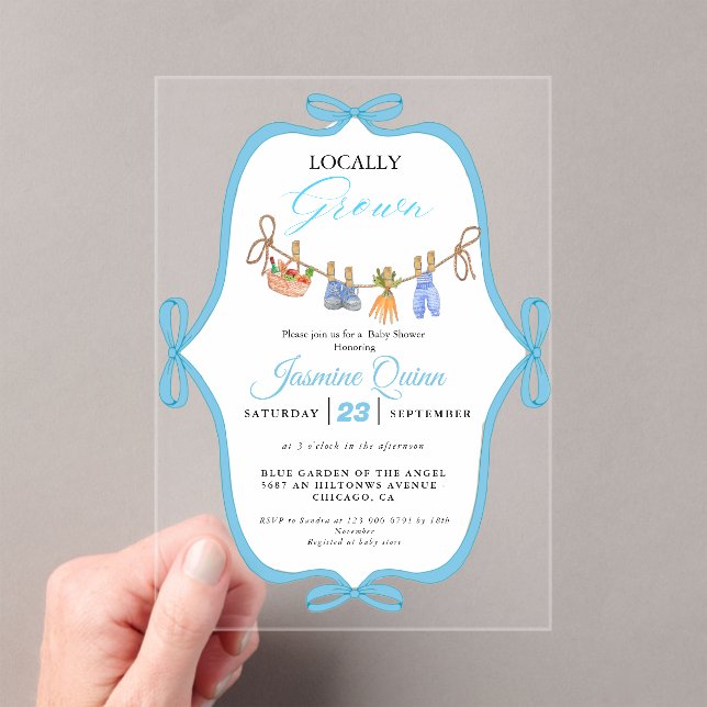 Locally grown boy baby shower Baby sprinkle Acrylic Invitations (Insitu (Handheld))