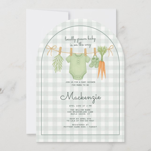 Locally Grown Clothesline Baby Shower Arch Invitation (Front)