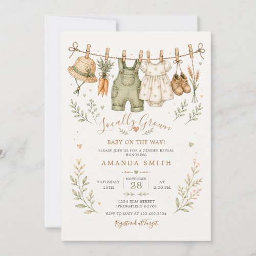 Locally Grown Clothesline Gender Reveal Gingham Invitation