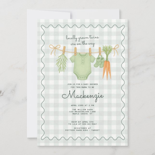 Locally Grown Clothesline Twin Baby Shower  Invitation (Front)