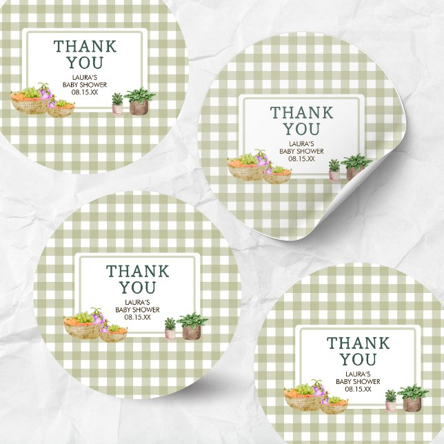 Locally Grown Farmers Market Baby Shower Classic Round Sticker (Green Farmers Market Locally Grown Baby Shower Round Sticker )