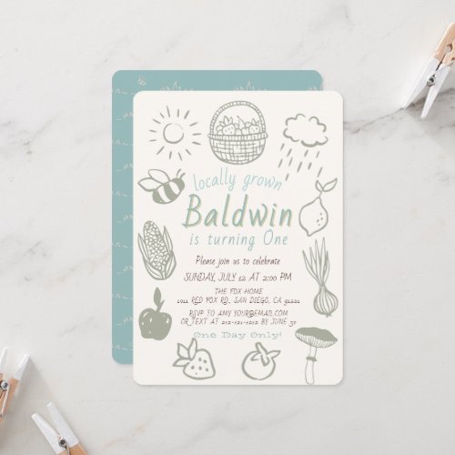 Locally Grown Farmers Market Blue 1st Birthday Invitation