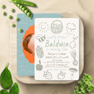 Locally Grown Farmers Market Blue 1st Birthday Invitation