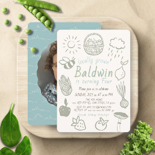 Locally Grown Farmers Market Doodle Blue Birthday Invitation
