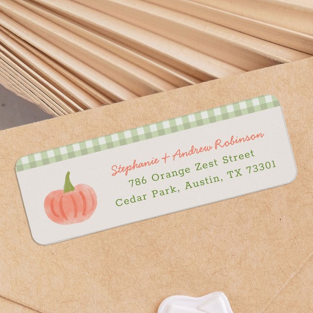 Locally Grown Farmer's Market Return Address Label (watercolour pumpkin return address labels with gingham pattern detail)
