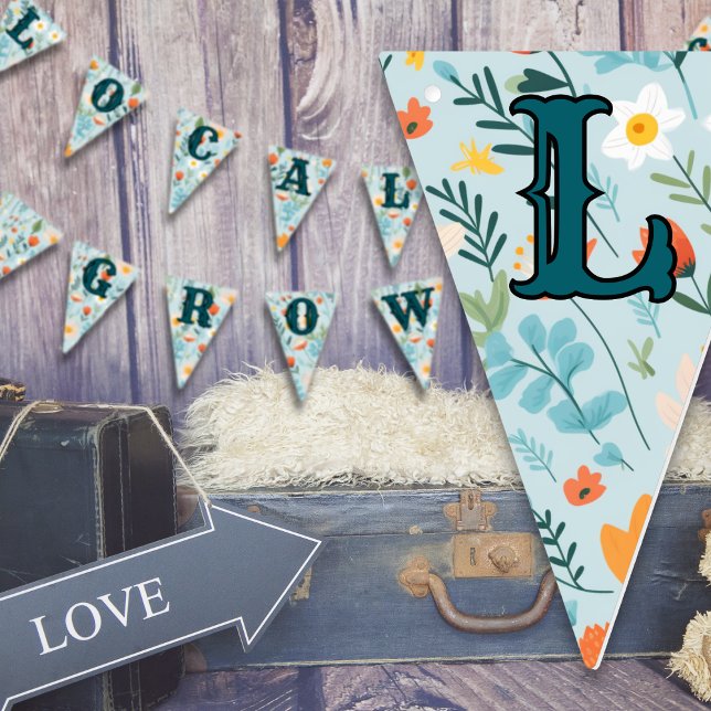 Locally Grown Floral Pattern Blue Baby Shower Bunting Flags (Creator Uploaded)