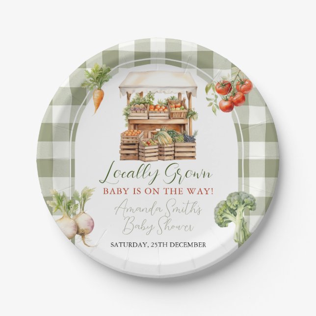 Locally Grown Fresh Market Baby Shower Gingham Paper Plates (Front)
