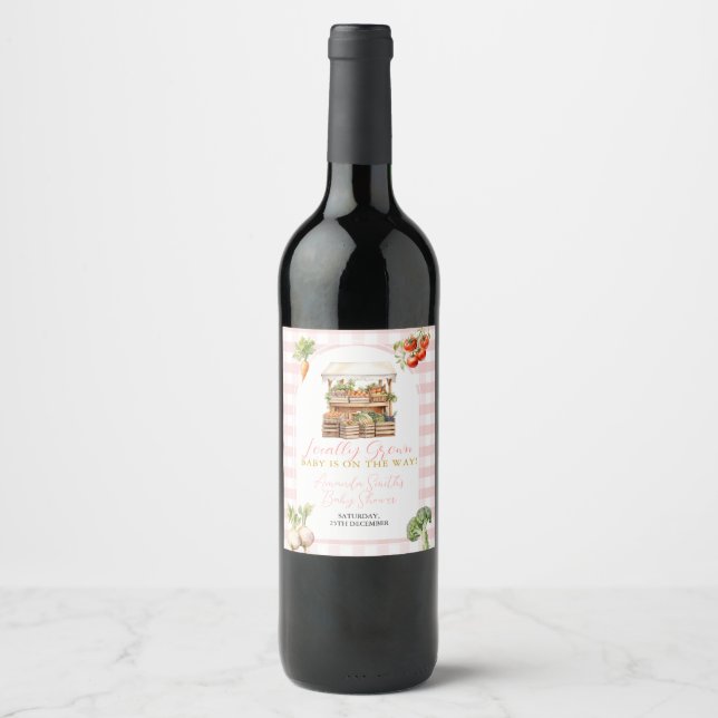 Locally Grown Fresh Market Baby Shower Gingham Wine Label (Front)