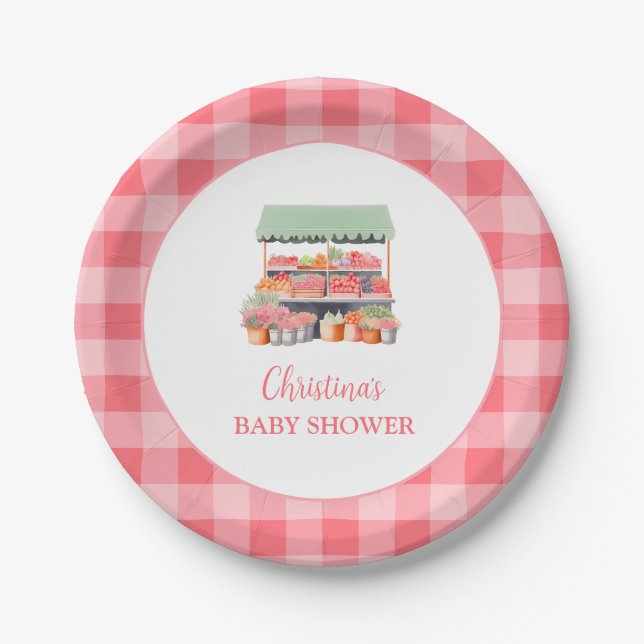 Locally Grown Gingham Baby Shower Paper Plates (Front)