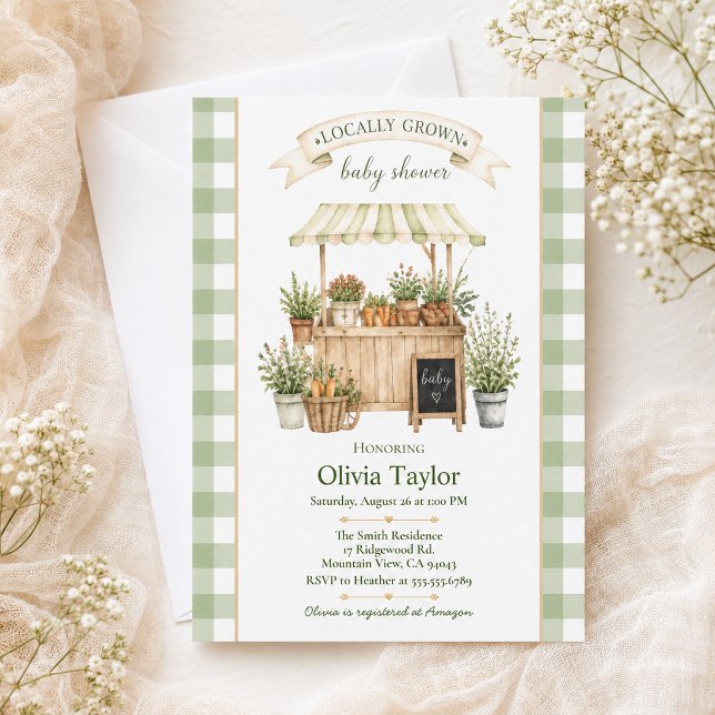 Locally Grown Gingham Farmers Market Baby Shower Invitation (Creator Uploaded)