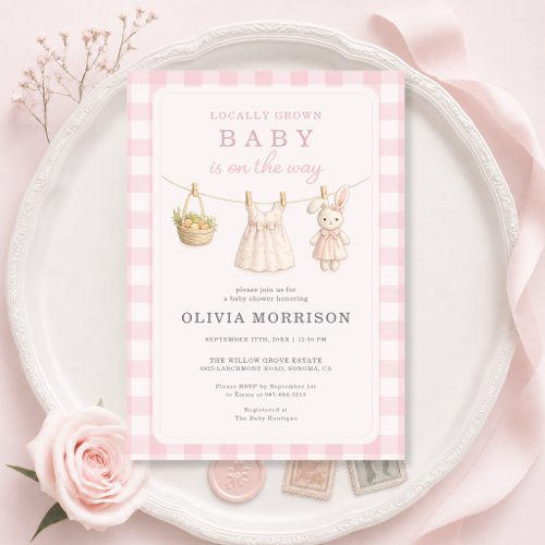 Locally Grown Gingham Girl Pink Baby Shower Invitation