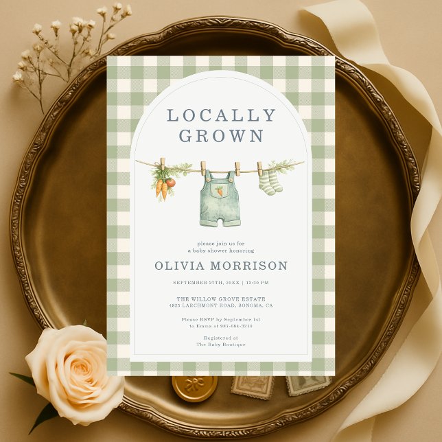 Locally Grown Gingham Sage Green Baby Shower Invitation (Creator Uploaded)