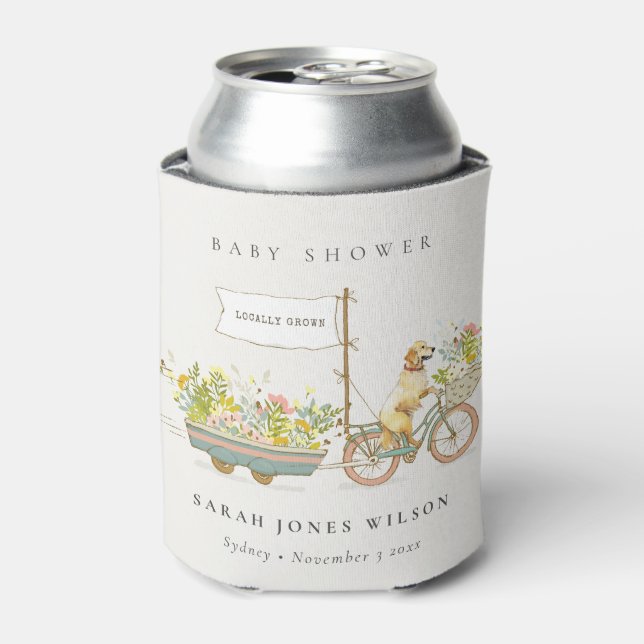 Locally Grown Golden Retriever Floral Baby Shower Can Cooler (Can Front)
