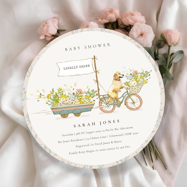 Locally Grown Golden Retriever Floral Baby Shower Invitation (Creator Uploaded)