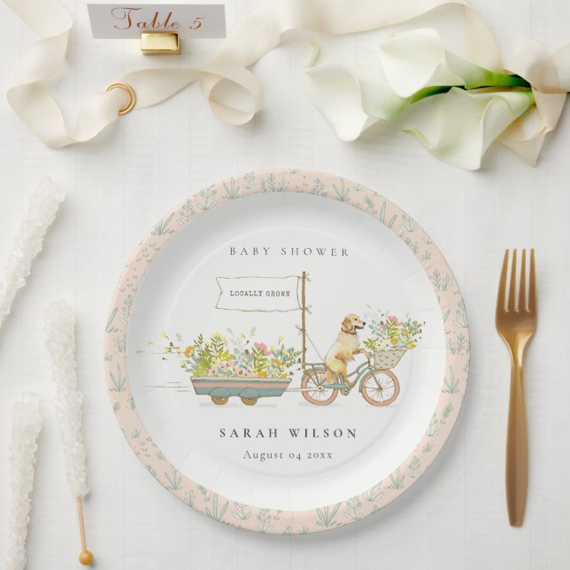 Locally Grown Golden Retriever Floral Baby Shower Paper Plates (Wedding)