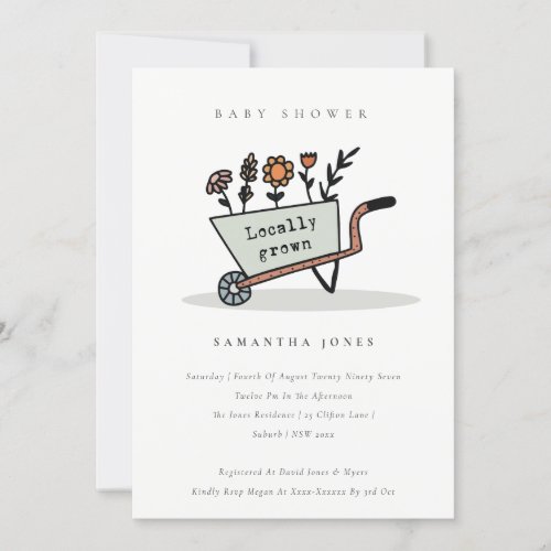 Locally Grown Grey Floral Cart Baby Shower Invite