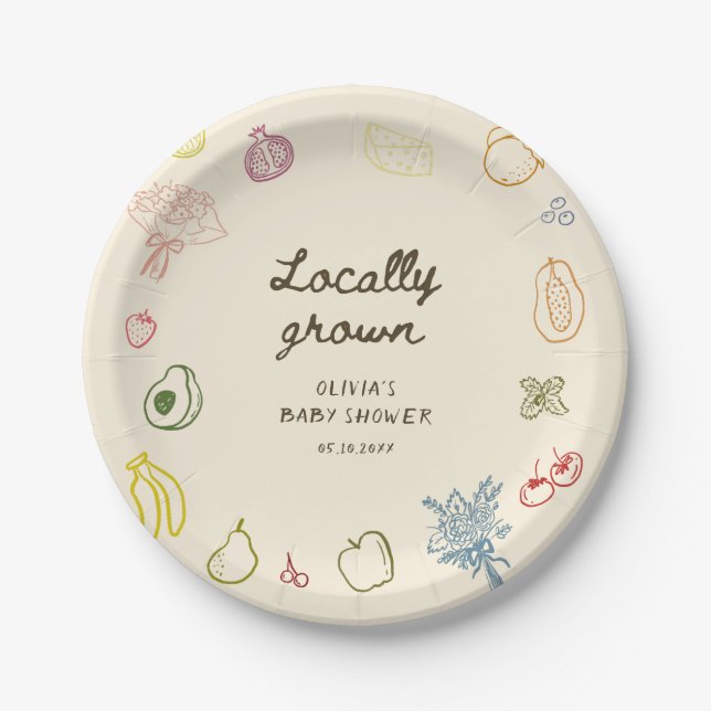 Locally Grown Hand Drawn Baby Shower Paper Plates (Front)