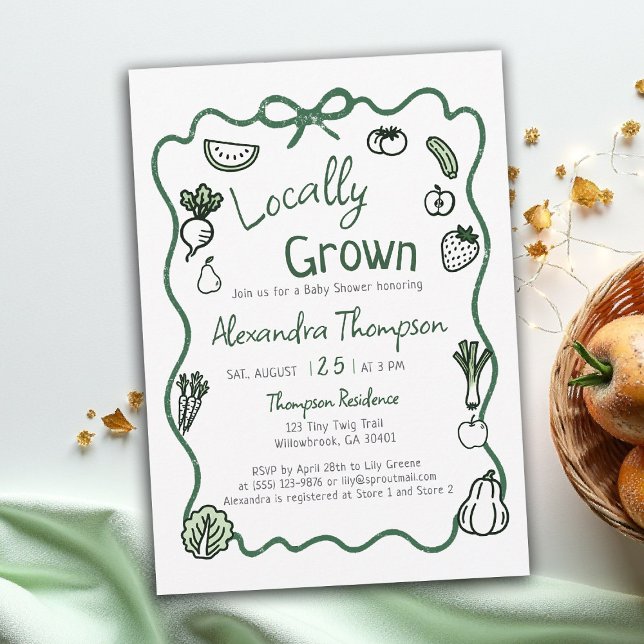Locally Grown Hand Drawn Bow Squiggle Baby Shower Invitation (locally grown baby shower invitation hand drawn bow frame produce farm fresh green script written )